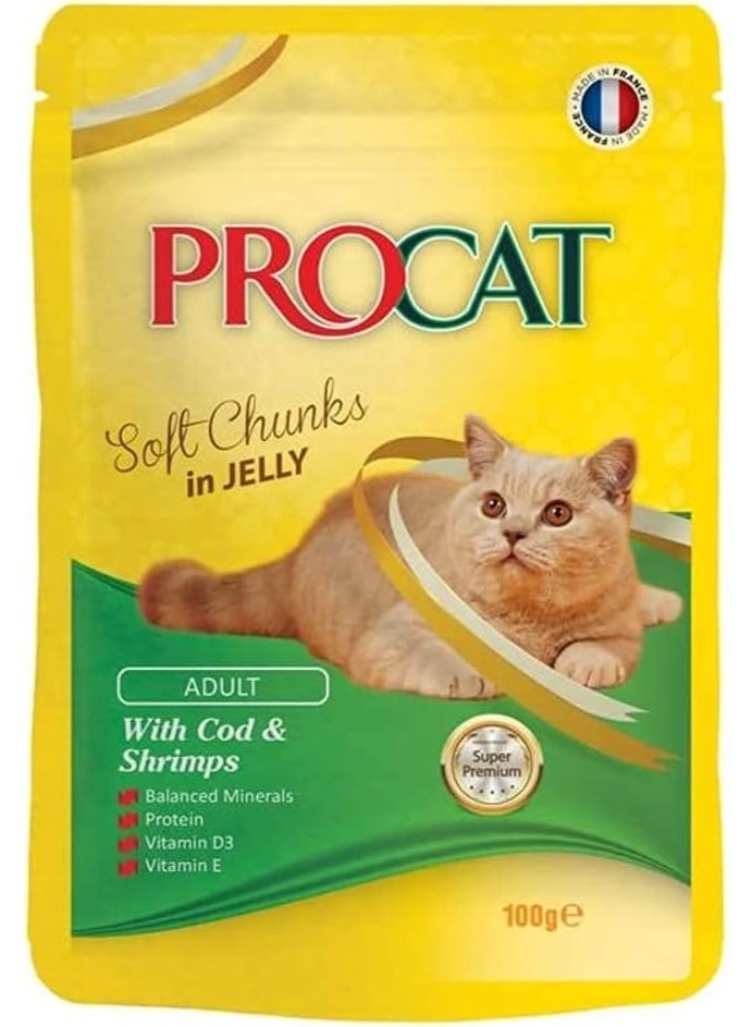 بروكات طعام رطب للقطط البالغة قطع طرية في الجيلي (سمك القد والجمبري) - 100 جرام